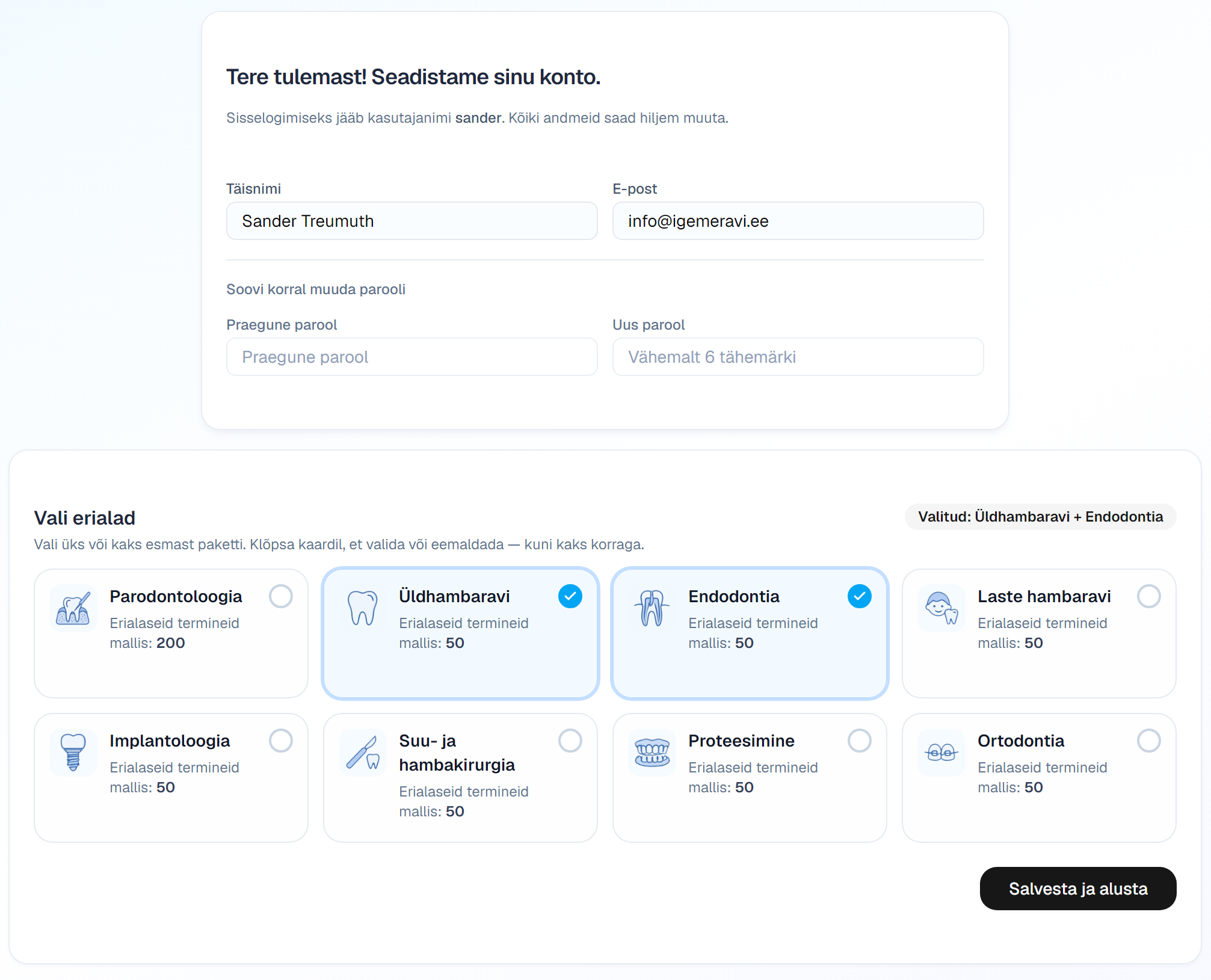 epikriis.ee konto seadistamise vaade, kus arst saab määrata oma erialad
